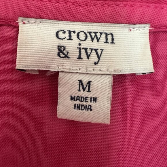 Crown & Ivy Women M Cottagecore Pink Tiered Ruffle Dress Pockets Puff Sleeve - Picture 4 of 6